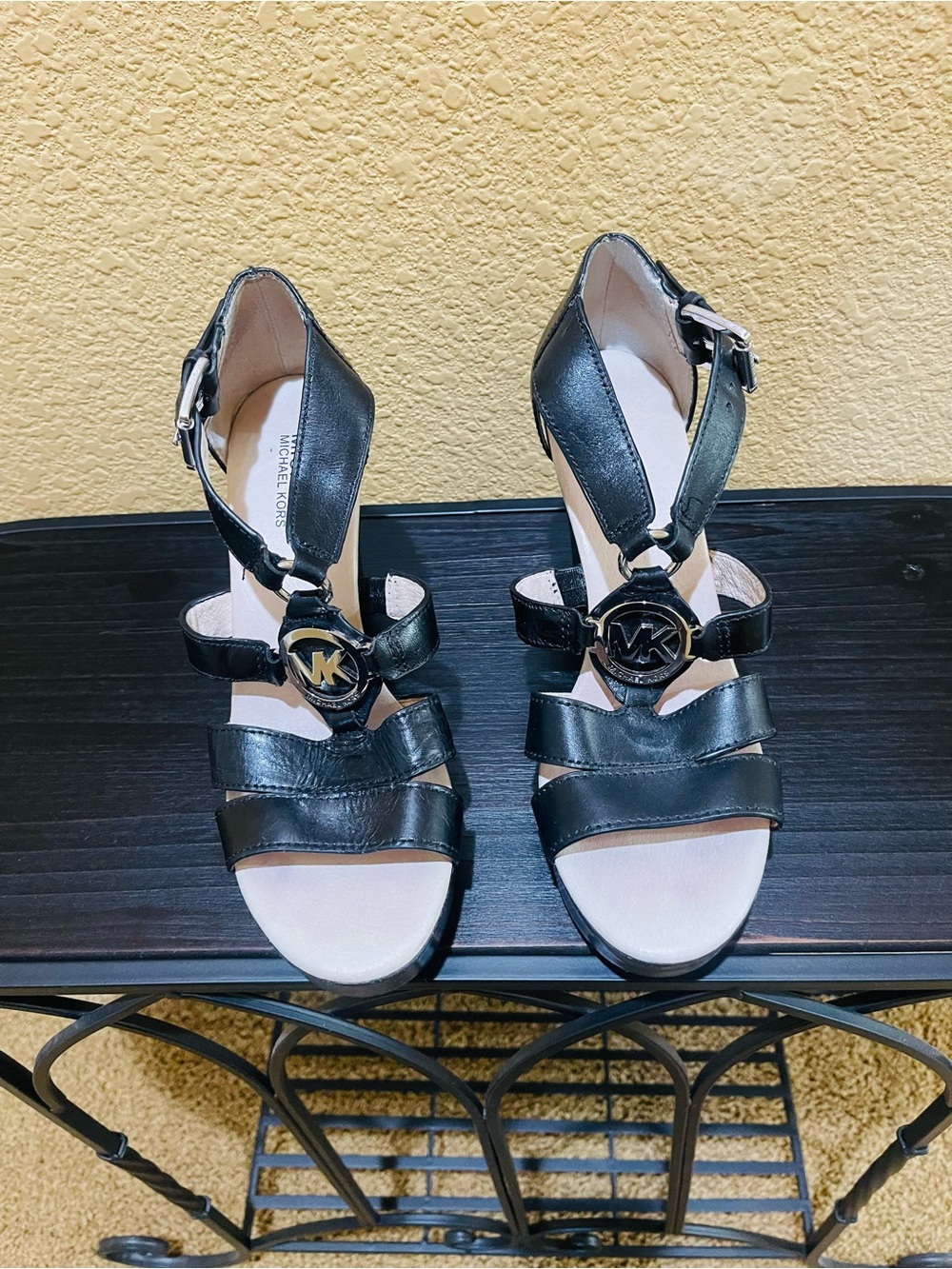Michael Kors Black Leather MK Logo Ankle-Strap Heels